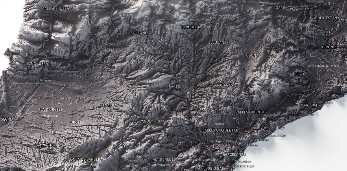 Mapa del relleu de Catalunya · Gris lavanda · 70 × 100 cm · Detall del centre