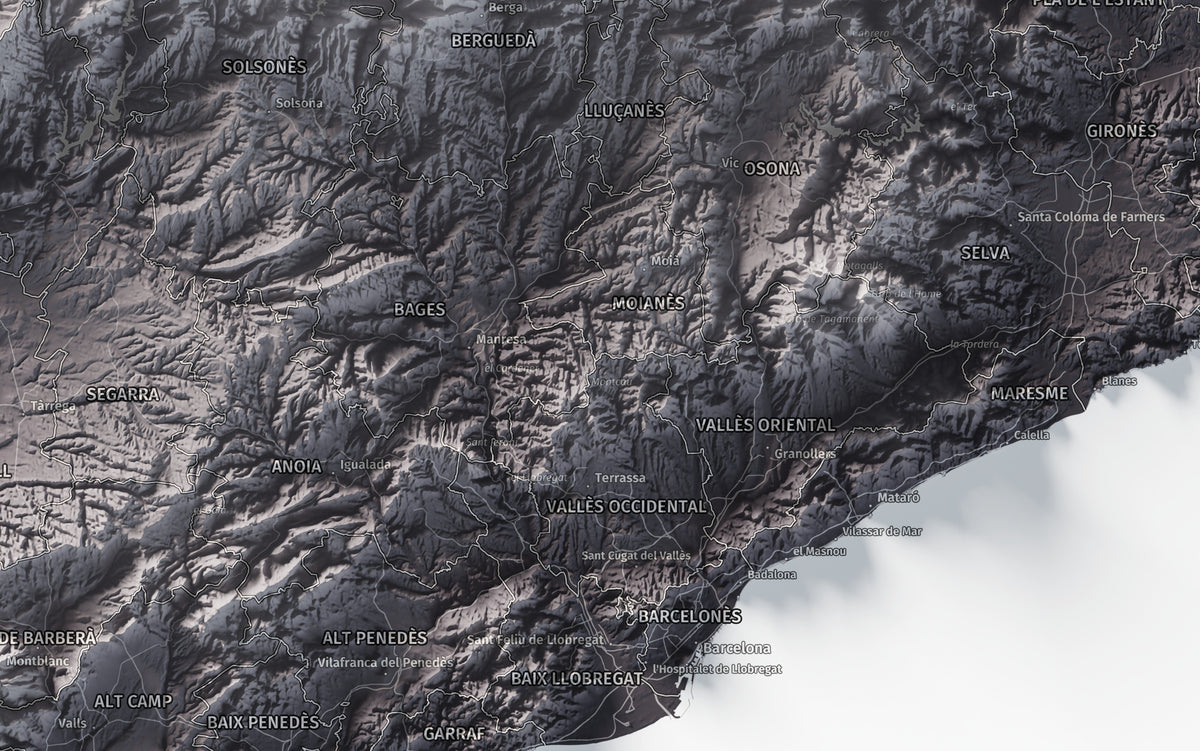 Mapa del relleu de Catalunya · Gris lavanda · 70 × 100 cm · Ciutats i límits administratius