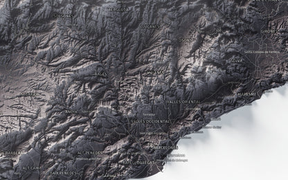 Mapa del relleu de Catalunya · Gris lavanda · 70 × 100 cm · Ciutats i límits administratius