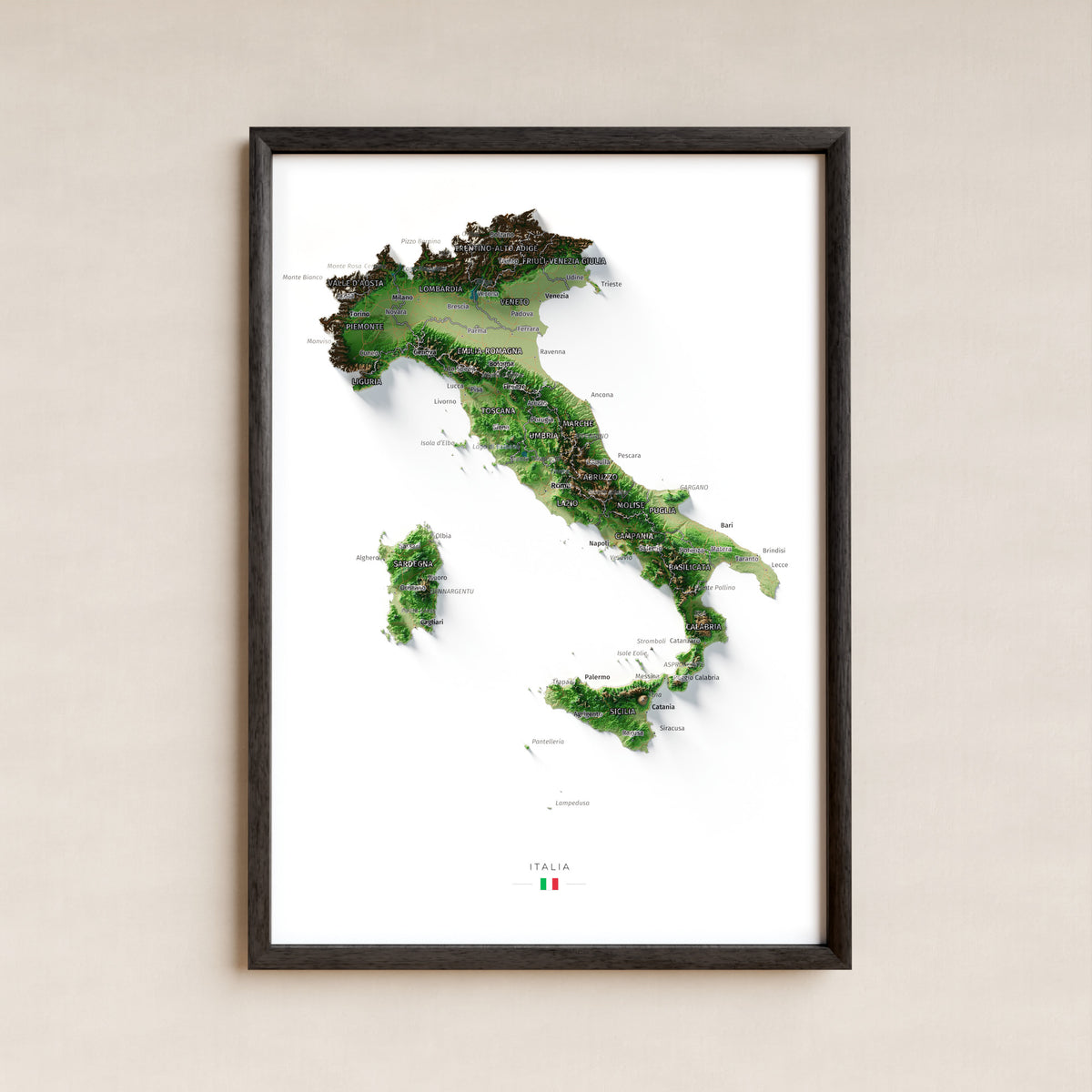 Mapa del relleu de Italia · Clàssic · 21 × 30 cm · Làmina emmarcada