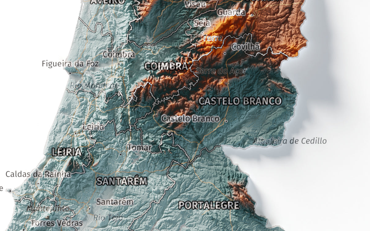 Mapa del relieve de Portugal continental · Contrastado · 21 × 30 cm · Detalle del centro