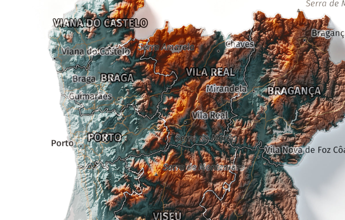 Mapa del relieve de Portugal continental · Contrastado · 21 × 30 cm · Detalle del norte