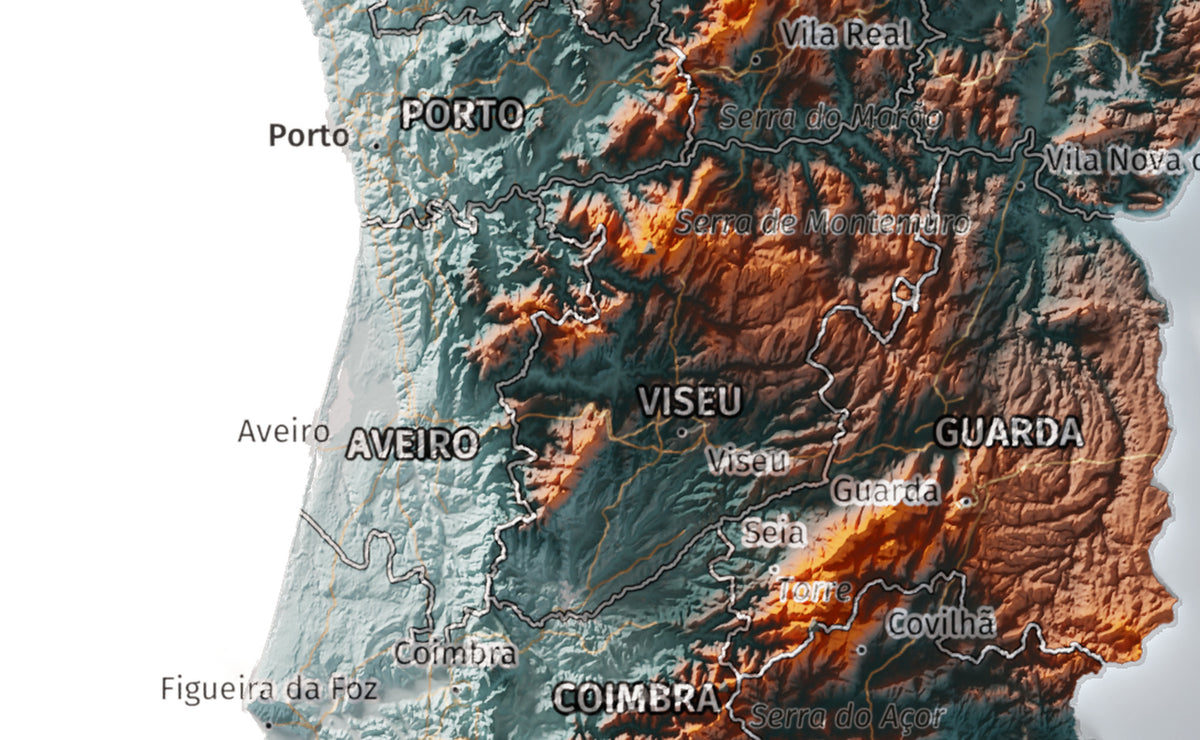 Mapa del relieve de Portugal continental · Contrastado · 21 × 30 cm · Ciudades y límites administrativos
