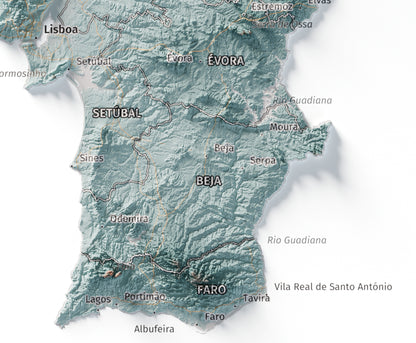 Mapa del relieve de Portugal continental · Contrastado · 21 × 30 cm · Detalle del sur
