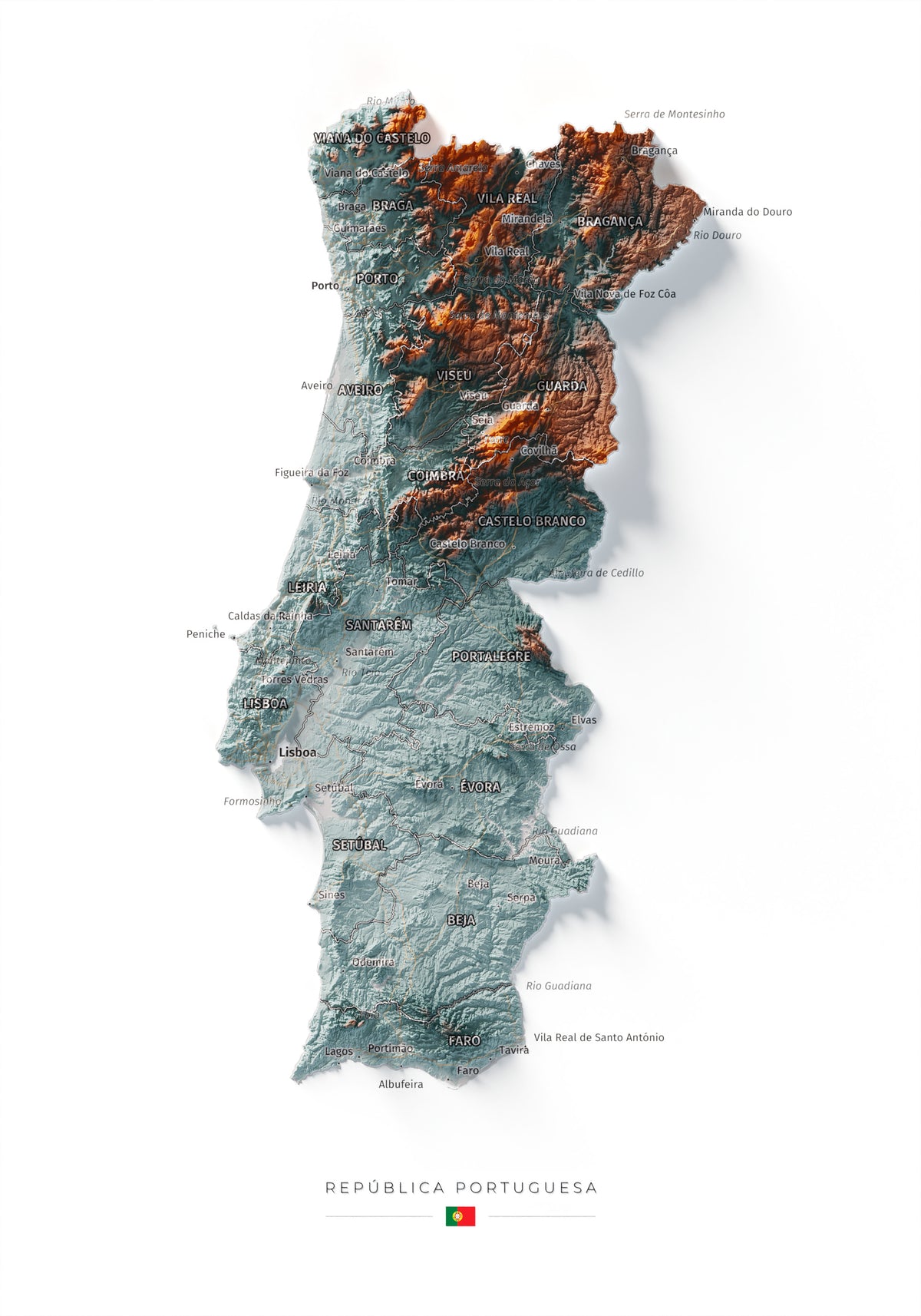 Mapa del relieve de Portugal continental · Contrastado · 21 × 30 cm · Vista completa