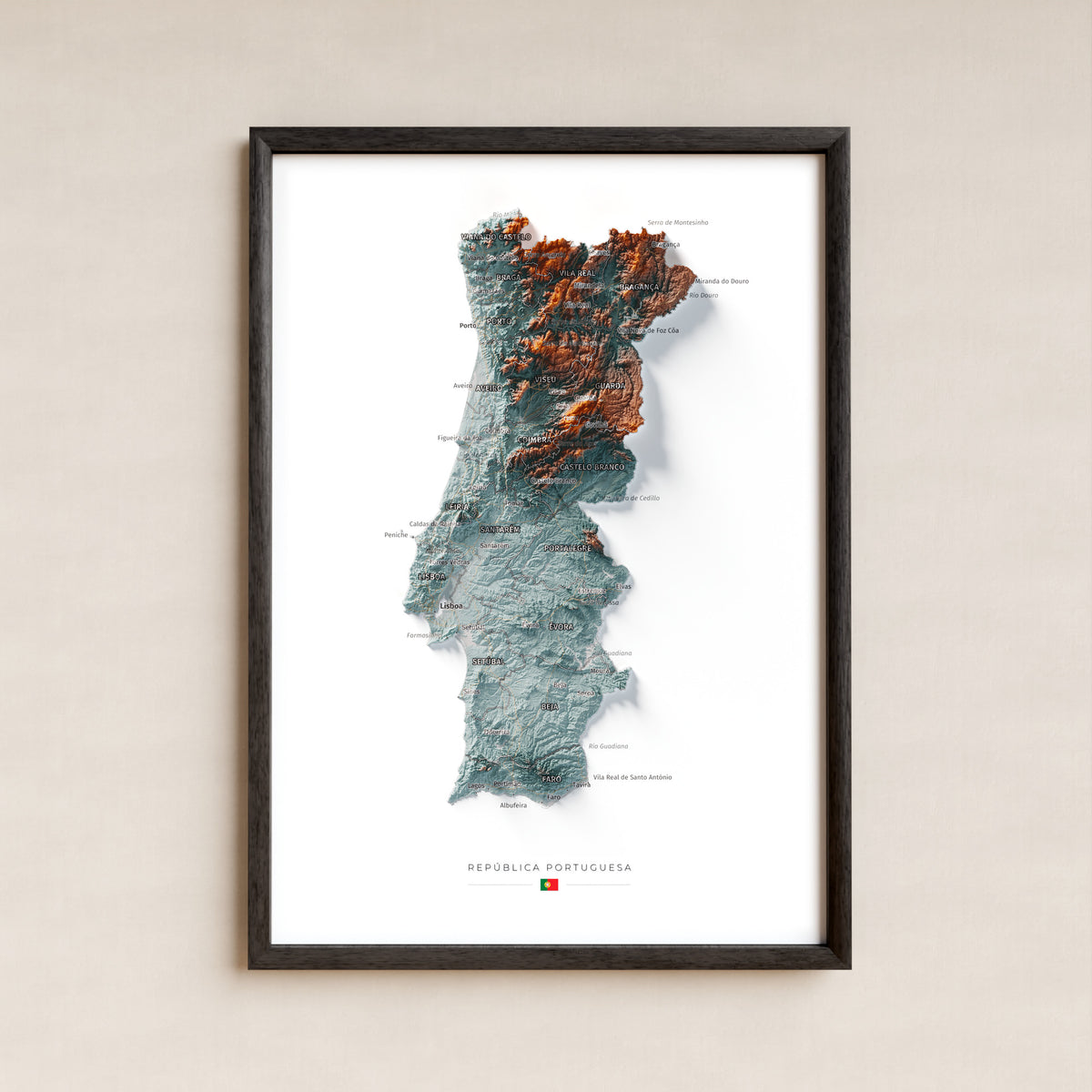 Mapa del relieve de Portugal continental · Contrastado · 21 × 30 cm · Lámina enmarcada