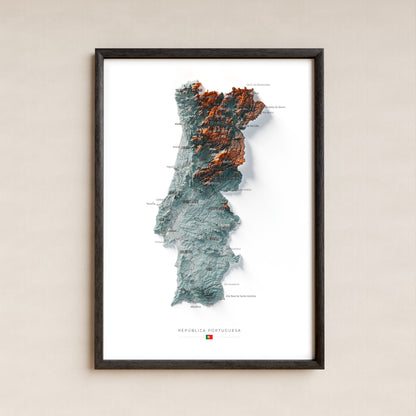 Mapa del relieve de Portugal continental · Contrastado · 21 × 30 cm · Lámina enmarcada