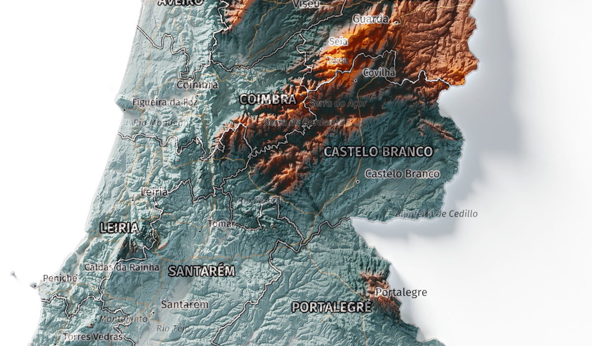 Mapa del relieve de Portugal continental · Contrastado · 30 × 40 cm · Detalle del centro
