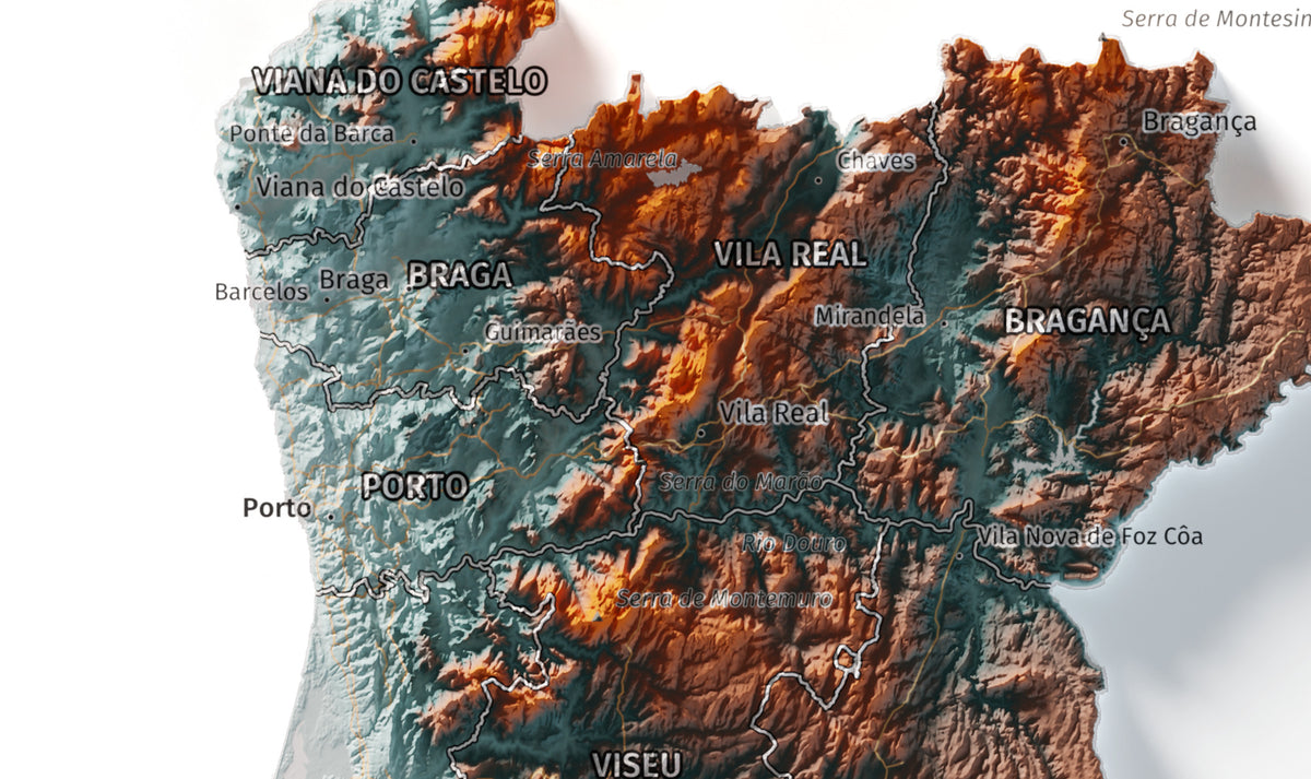 Mapa del relieve de Portugal continental · Contrastado · 30 × 40 cm · Detalle del norte