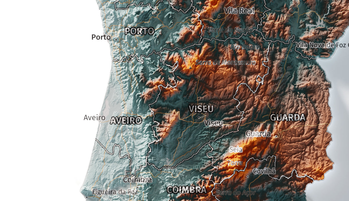 Mapa del relieve de Portugal continental · Contrastado · 30 × 40 cm · Ciudades y límites administrativos
