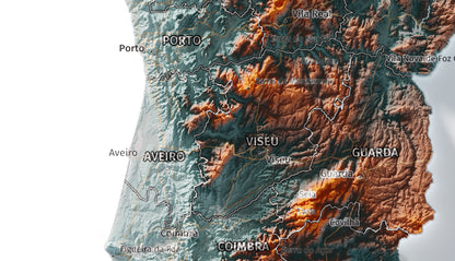 Mapa del relieve de Portugal continental · Contrastado · 30 × 40 cm · Ciudades y límites administrativos