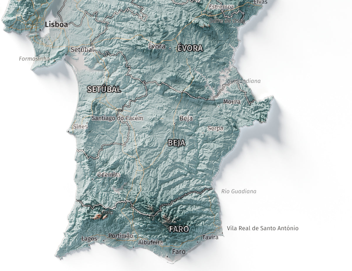 Mapa del relieve de Portugal continental · Contrastado · 30 × 40 cm · Detalle del sur