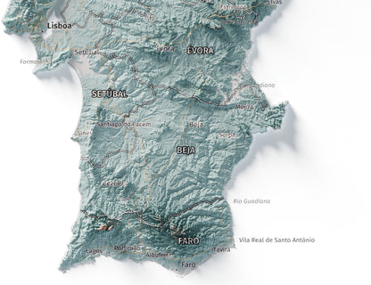 Mapa del relieve de Portugal continental · Contrastado · 30 × 40 cm · Detalle del sur
