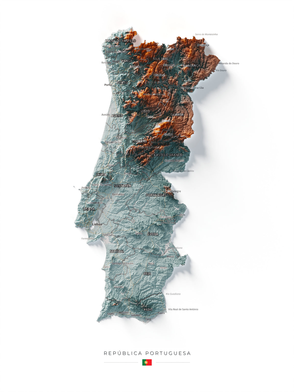 Mapa del relieve de Portugal continental · Contrastado · 30 × 40 cm · Vista completa