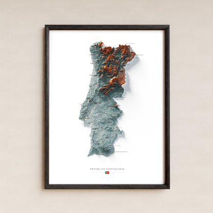 Mapa del relieve de Portugal continental · Contrastado · 30 × 40 cm · Lámina enmarcada