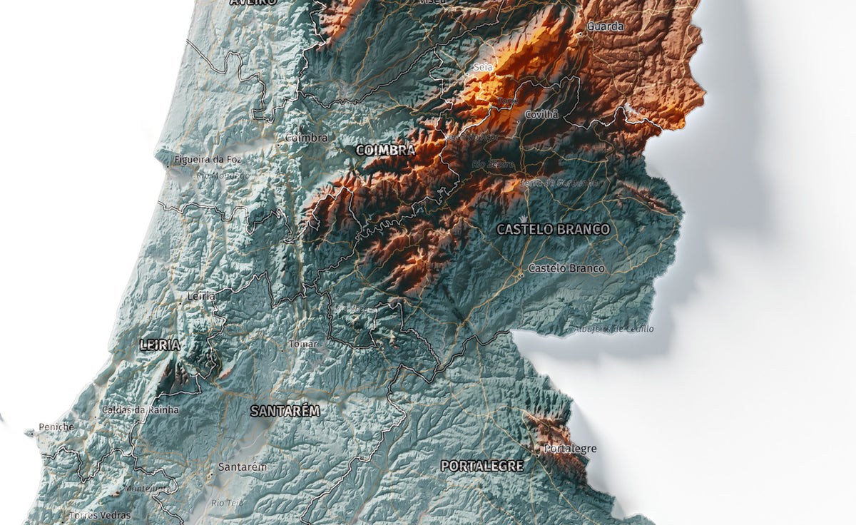 Mapa del relieve de Portugal continental · Contrastado · 50 × 70 cm · Detalle del centro