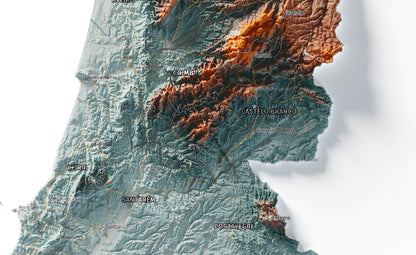 Mapa del relieve de Portugal continental · Contrastado · 50 × 70 cm · Detalle del centro
