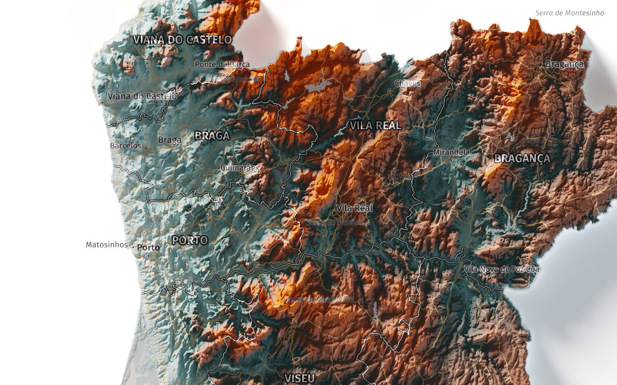 Mapa del relieve de Portugal continental · Contrastado · 50 × 70 cm · Detalle del norte