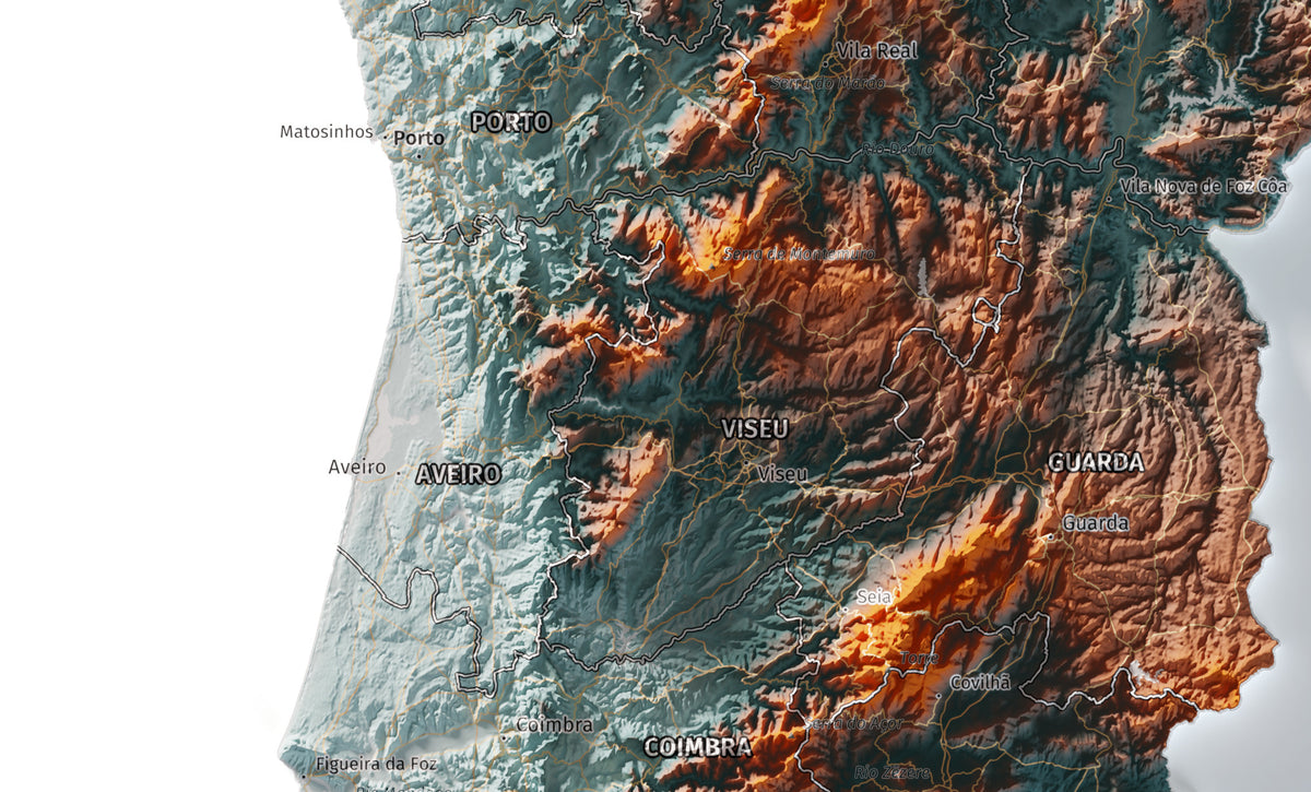 Mapa del relieve de Portugal continental · Contrastado · 50 × 70 cm · Ciudades y límites administrativos