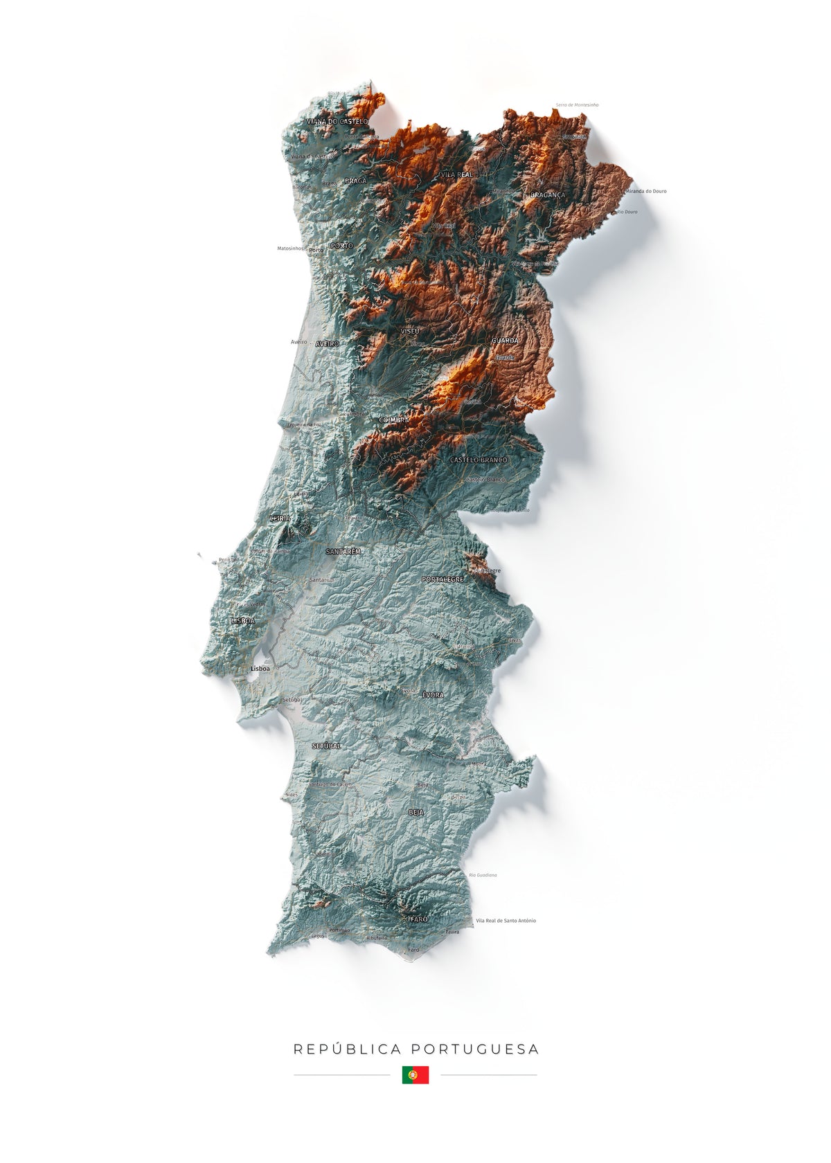 Mapa del relieve de Portugal continental · Contrastado · 50 × 70 cm · Vista completa