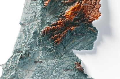 Mapa del relieve de Portugal continental · Contrastado · 61 × 91 cm · Detalle del centro