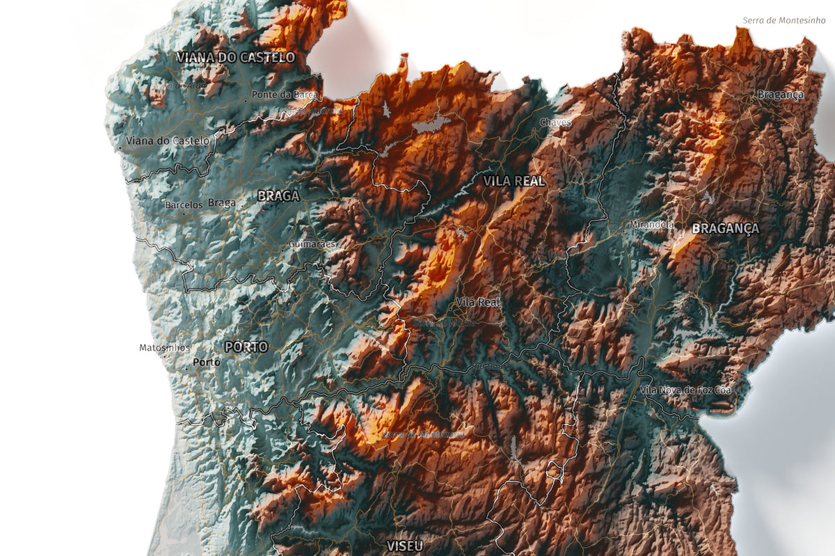 Mapa del relieve de Portugal continental · Contrastado · 61 × 91 cm · Detalle del norte