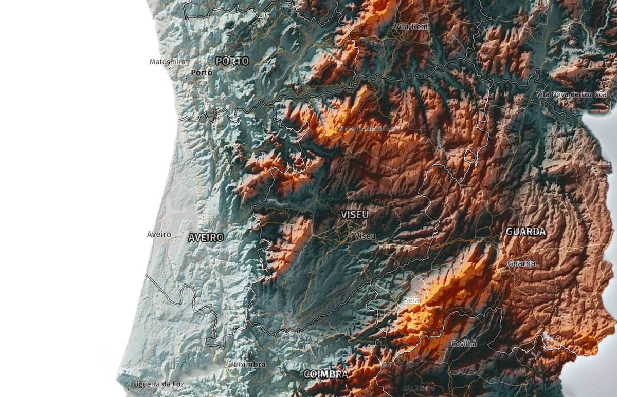 Mapa del relieve de Portugal continental · Contrastado · 61 × 91 cm · Ciudades y límites administrativos
