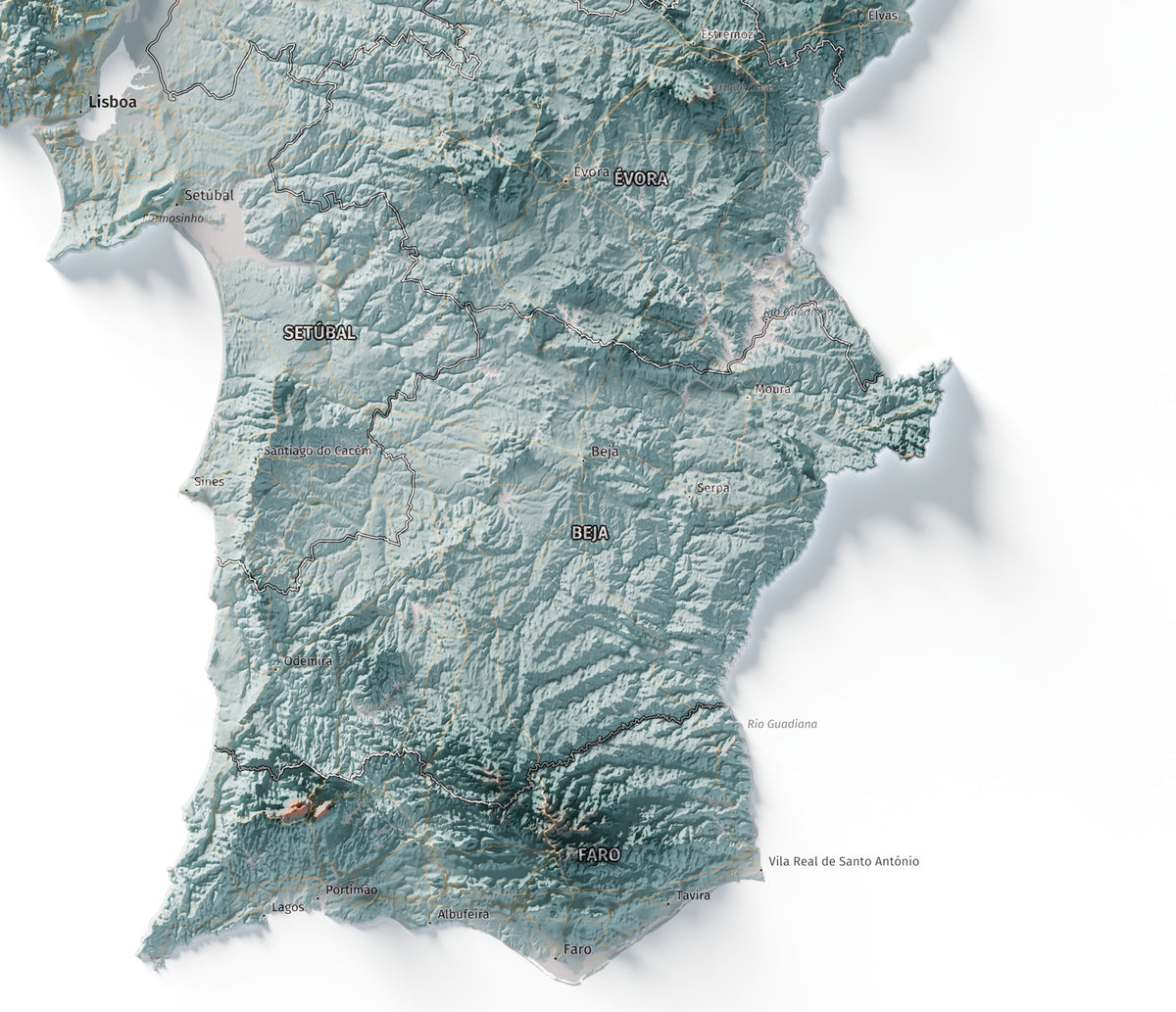 Mapa del relieve de Portugal continental · Contrastado · 61 × 91 cm · Detalle del sur