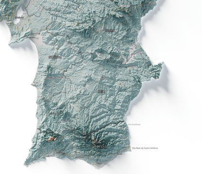 Mapa del relieve de Portugal continental · Contrastado · 61 × 91 cm · Detalle del sur