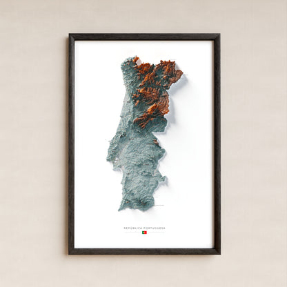 Mapa del relieve de Portugal continental · Contrastado · 61 × 91 cm · Lámina enmarcada