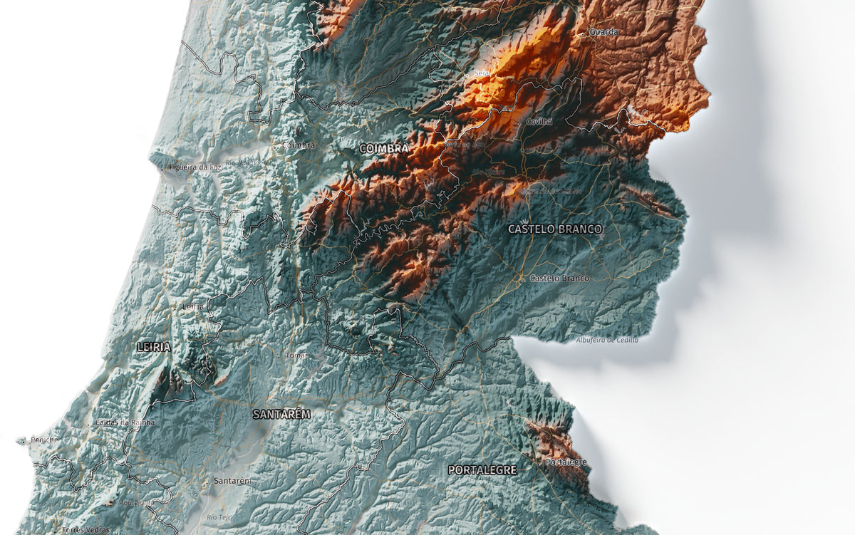 Mapa del relieve de Portugal continental · Contrastado · 70 × 100 cm · Detalle del centro