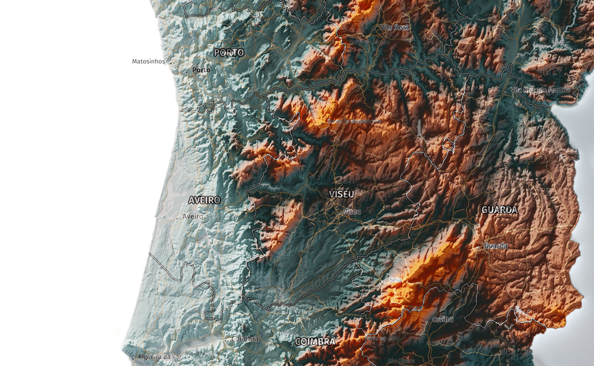 Mapa del relieve de Portugal continental · Contrastado · 70 × 100 cm · Ciudades y límites administrativos