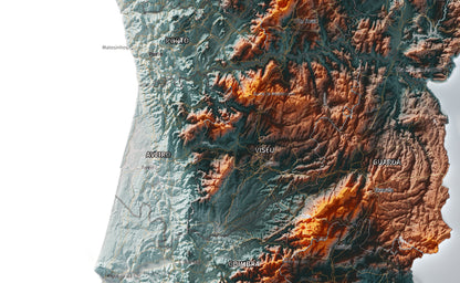 Mapa del relieve de Portugal continental · Contrastado · 70 × 100 cm · Ciudades y límites administrativos