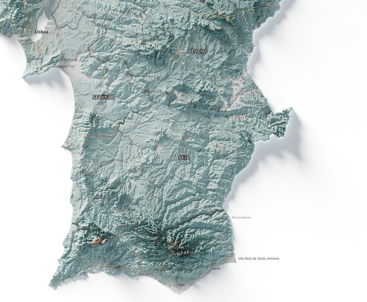 Mapa del relieve de Portugal continental · Contrastado · 70 × 100 cm · Detalle del sur