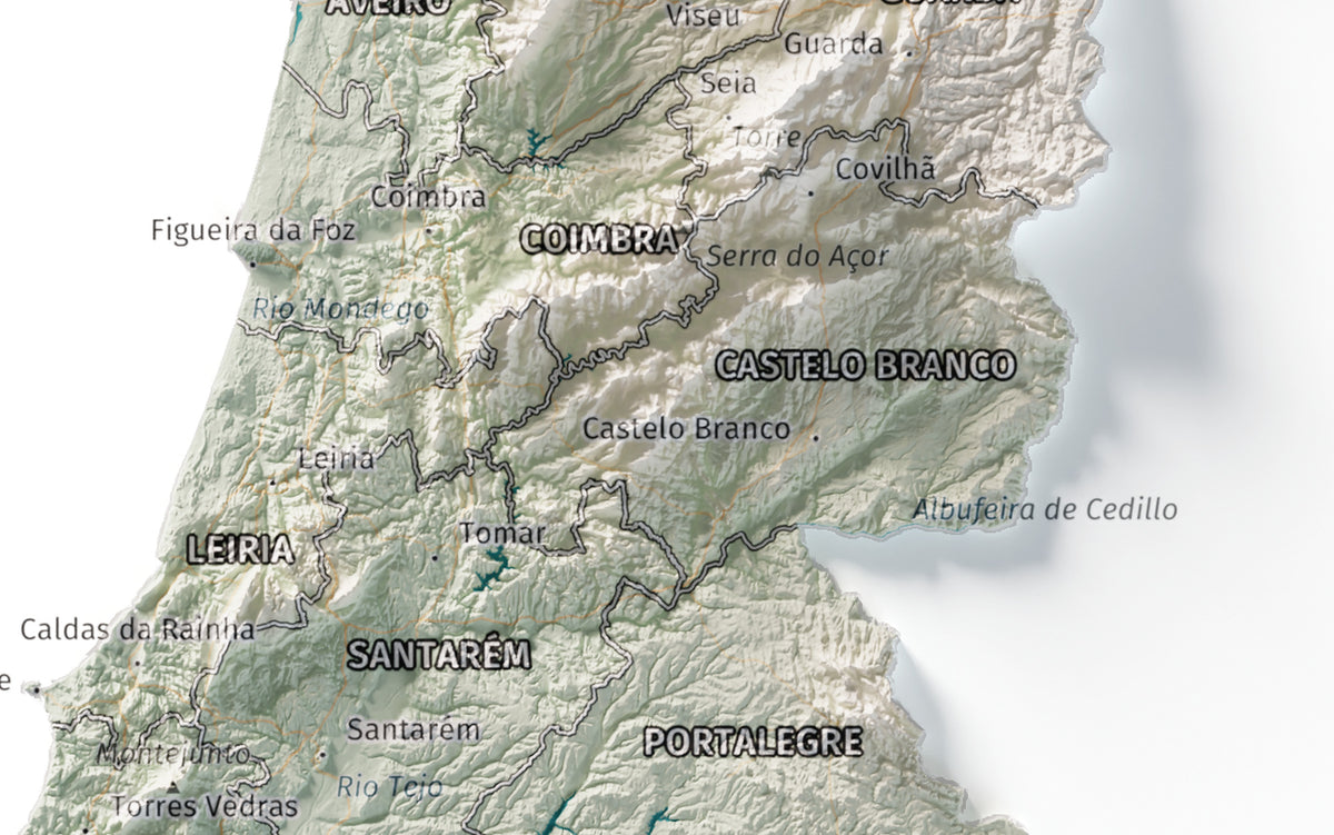 Mapa del relieve de Portugal continental · Cartográfico · 21 × 30 cm · Detalle del centro