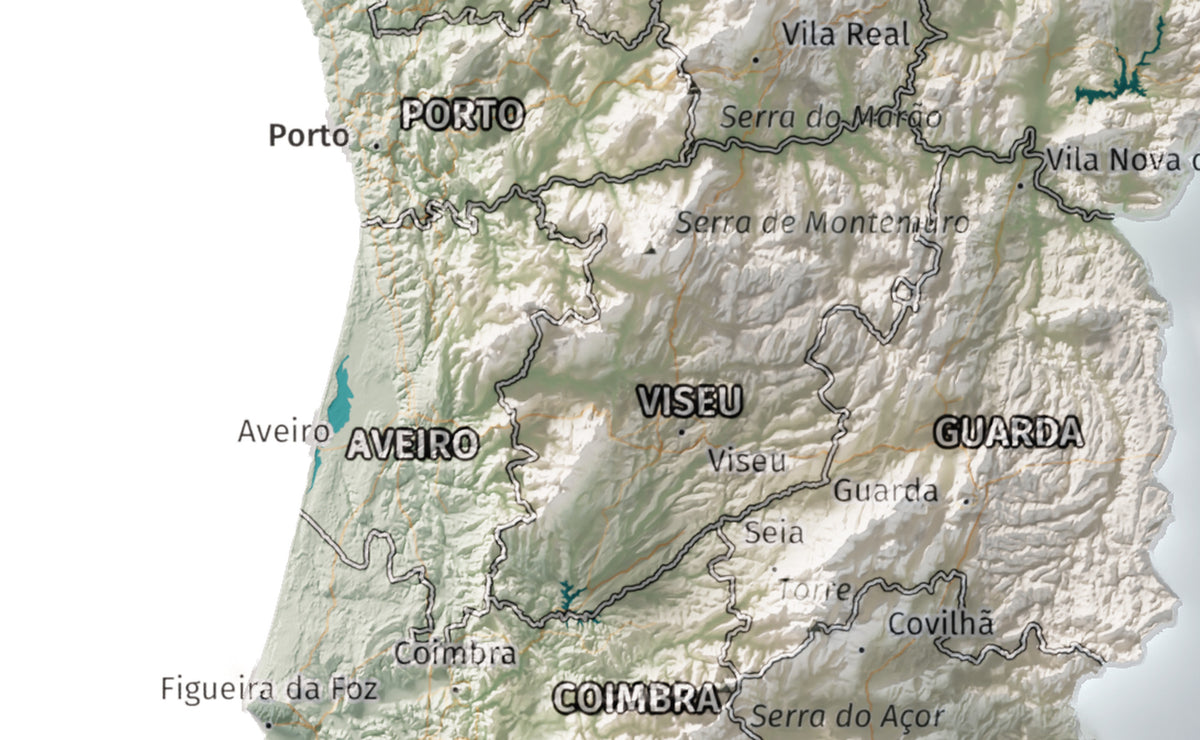 Mapa del relieve de Portugal continental · Cartográfico · 21 × 30 cm · Ciudades y límites administrativos