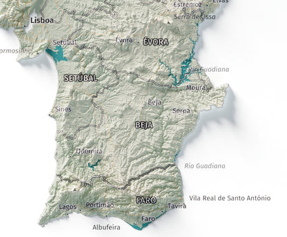 Mapa del relieve de Portugal continental · Cartográfico · 21 × 30 cm · Detalle del sur