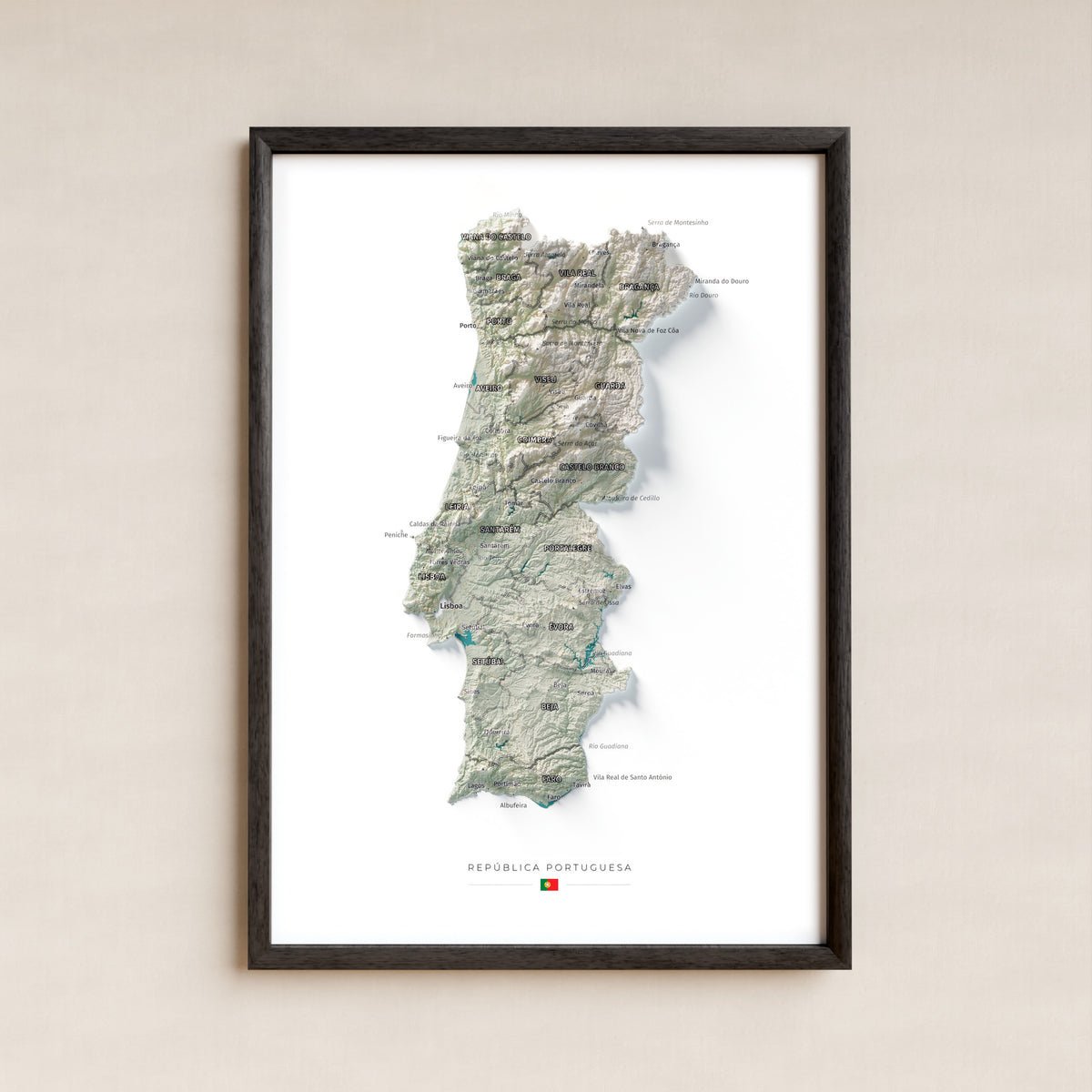 Mapa del relieve de Portugal continental · Cartográfico · 21 × 30 cm · Lámina enmarcada