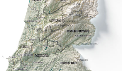 Mapa del relieve de Portugal continental · Cartográfico · 30 × 40 cm · Detalle del centro