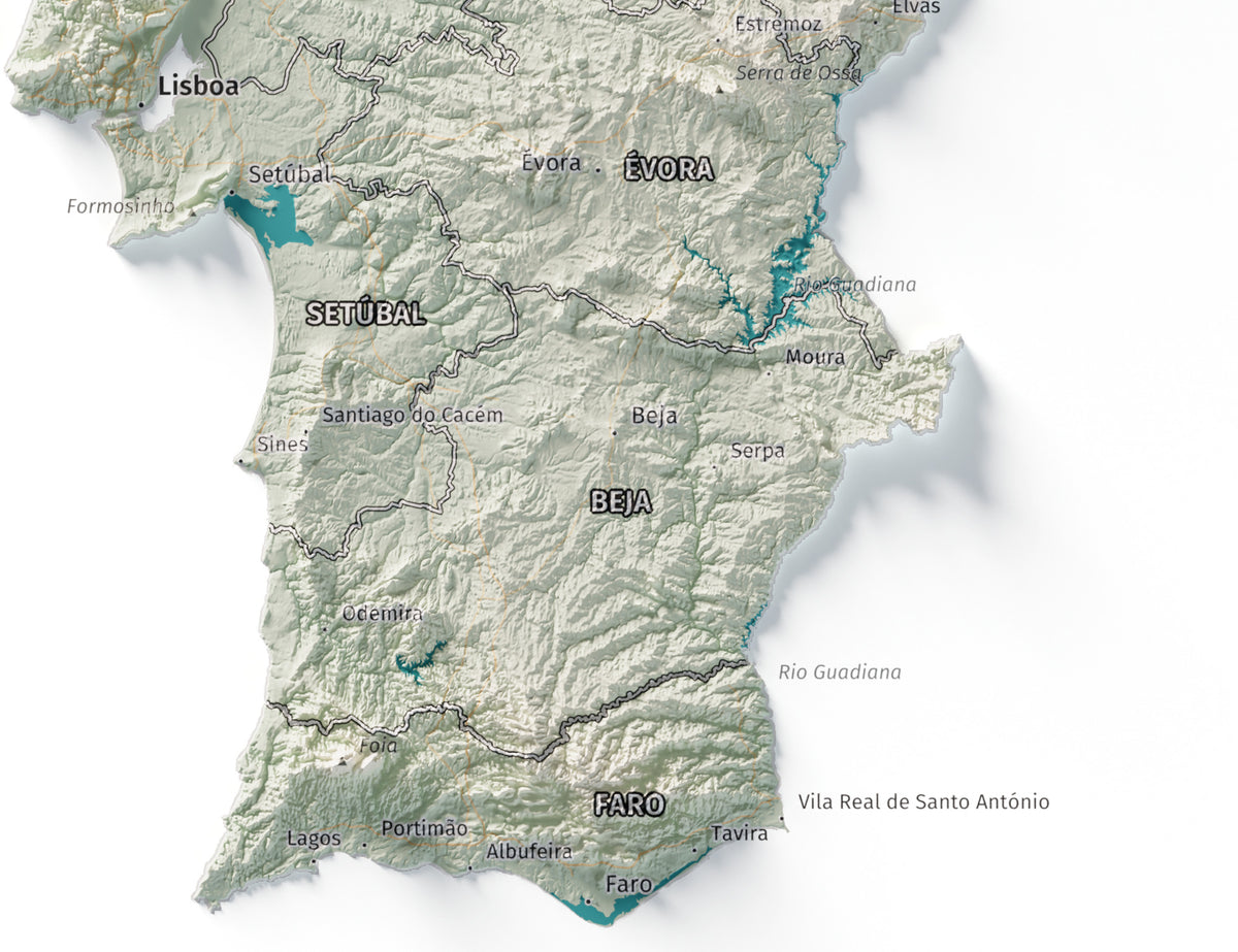 Mapa del relieve de Portugal continental · Cartográfico · 30 × 40 cm · Detalle del sur