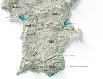 Mapa del relieve de Portugal continental · Cartográfico · 30 × 40 cm · Detalle del sur