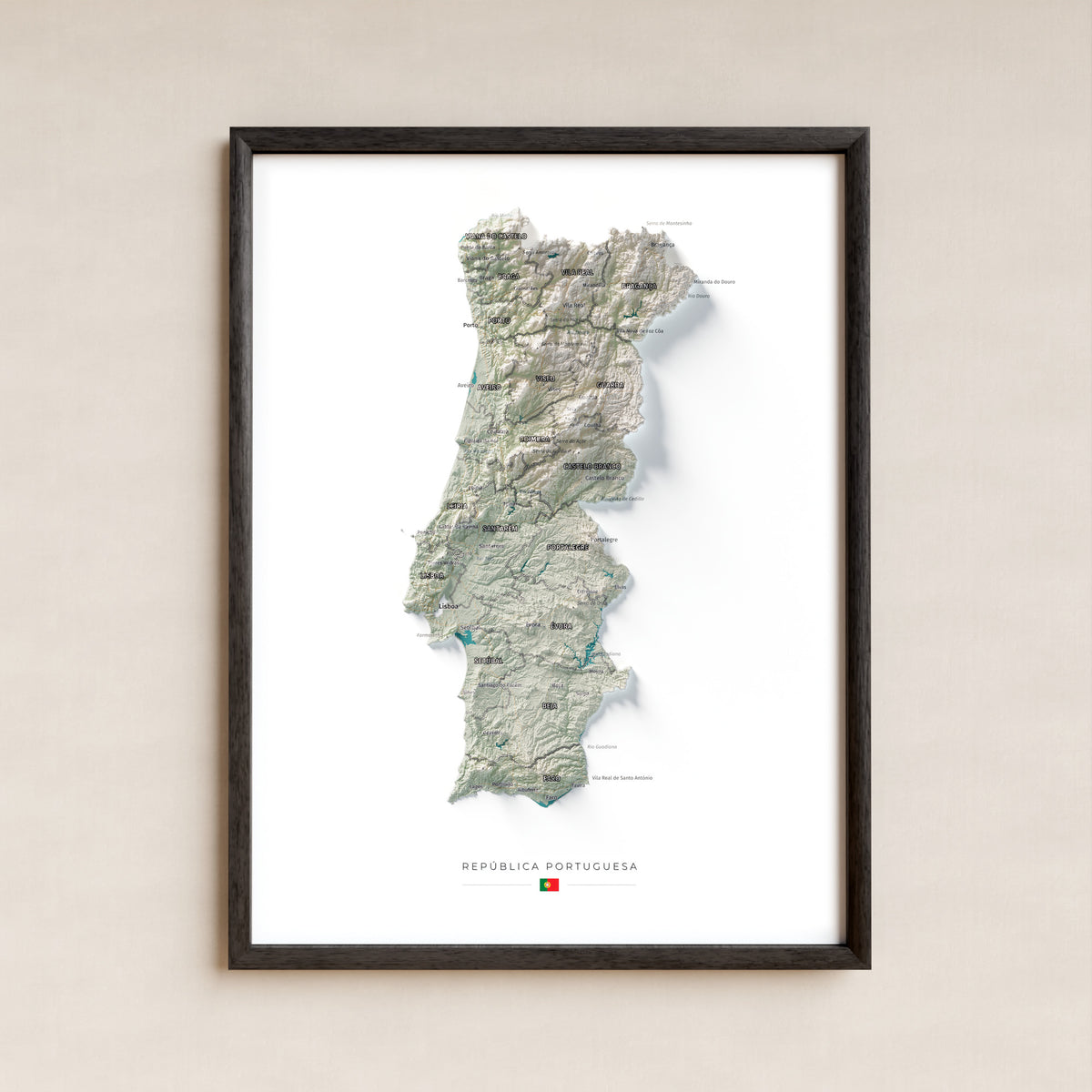 Mapa del relieve de Portugal continental · Cartográfico · 30 × 40 cm · Lámina enmarcada