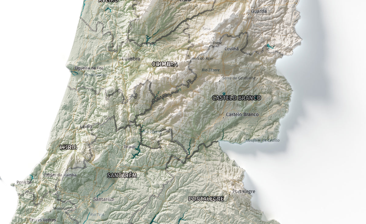 Mapa del relieve de Portugal continental · Cartográfico · 50 × 70 cm · Detalle del centro