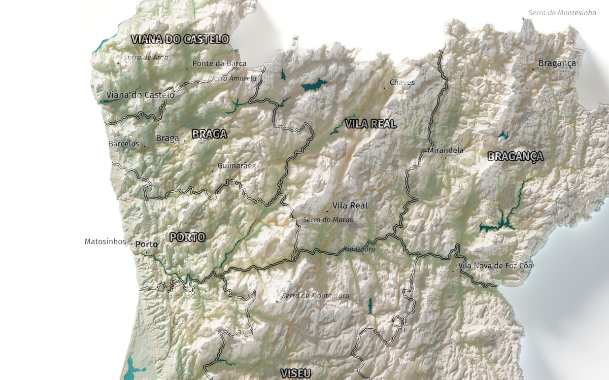 Mapa del relieve de Portugal continental · Cartográfico · 50 × 70 cm · Detalle del norte