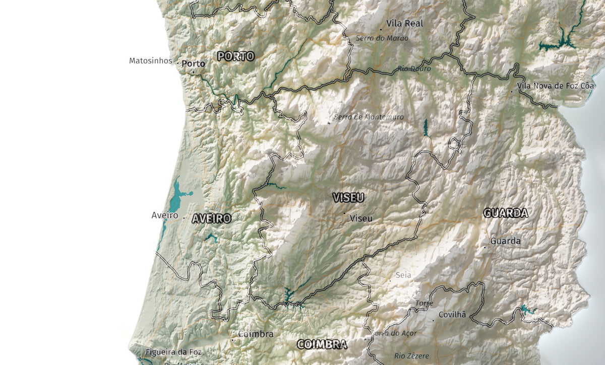 Mapa del relieve de Portugal continental · Cartográfico · 50 × 70 cm · Ciudades y límites administrativos