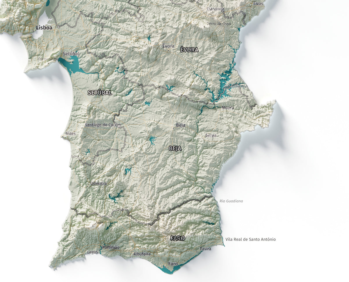 Mapa del relieve de Portugal continental · Cartográfico · 50 × 70 cm · Detalle del sur