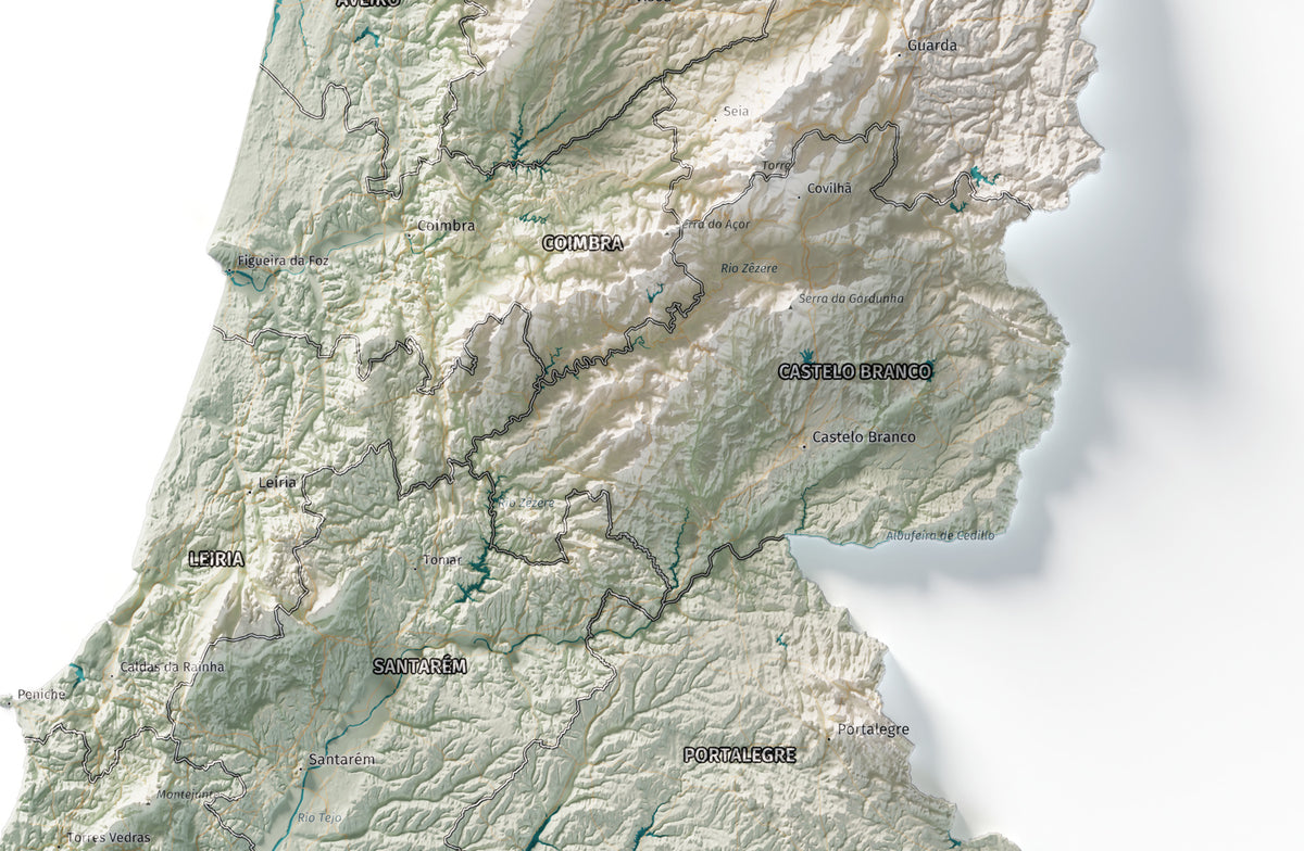 Mapa del relieve de Portugal continental · Cartográfico · 61 × 91 cm · Detalle del centro