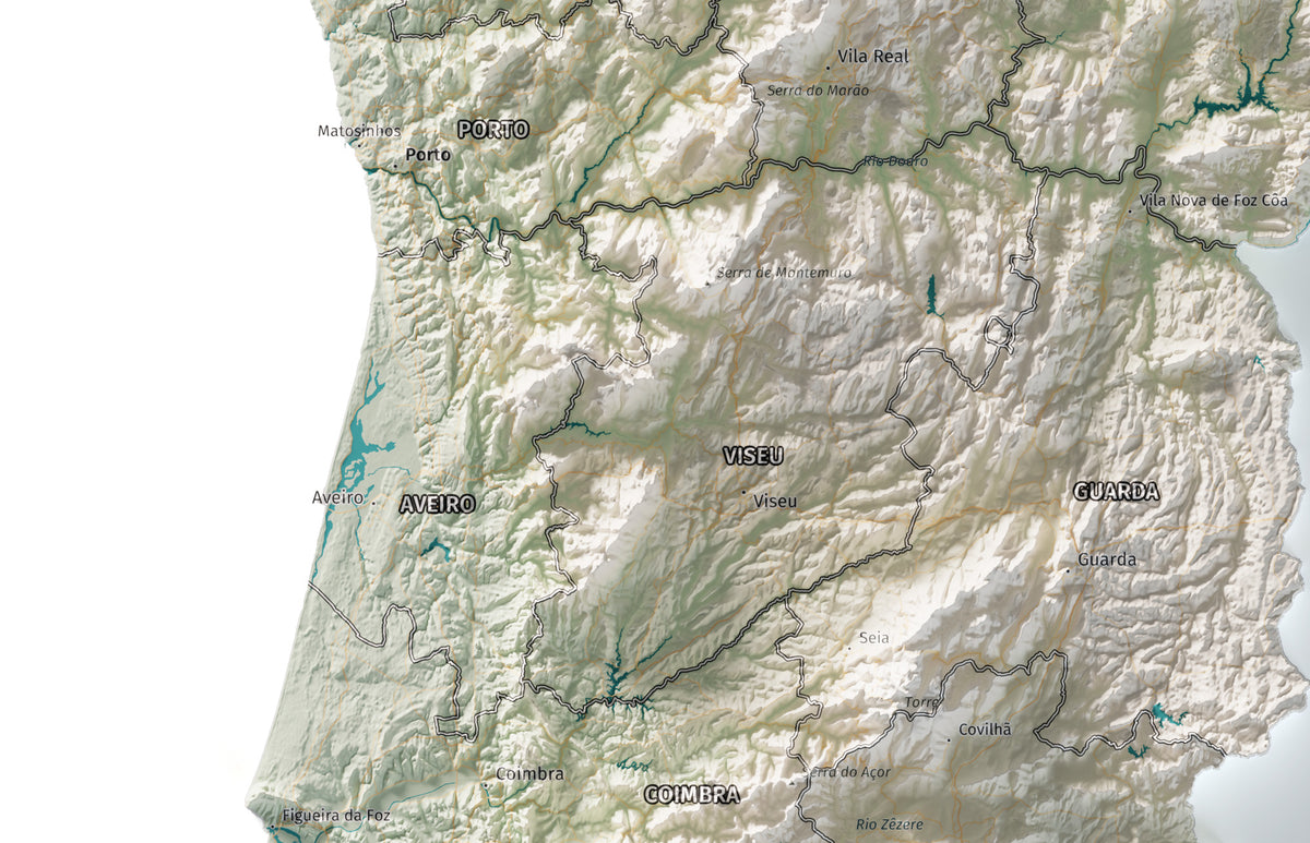 Mapa del relieve de Portugal continental · Cartográfico · 61 × 91 cm · Ciudades y límites administrativos