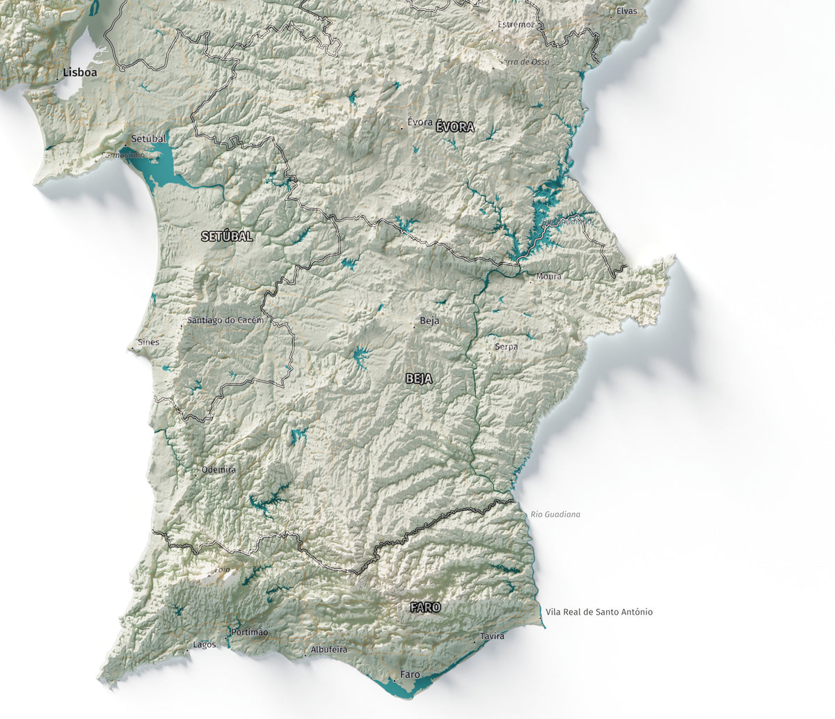 Mapa del relieve de Portugal continental · Cartográfico · 61 × 91 cm · Detalle del sur