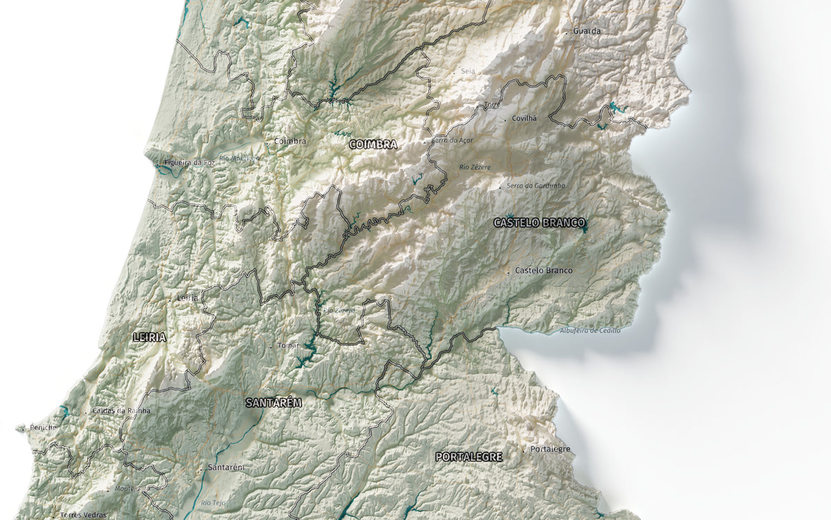 Mapa del relieve de Portugal continental · Cartográfico · 70 × 100 cm · Detalle del centro